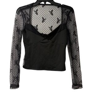 CSDAJIO Womens Medium Shirt Black Sheer Lace Mesh Long Sleeve Top Coquette Goth